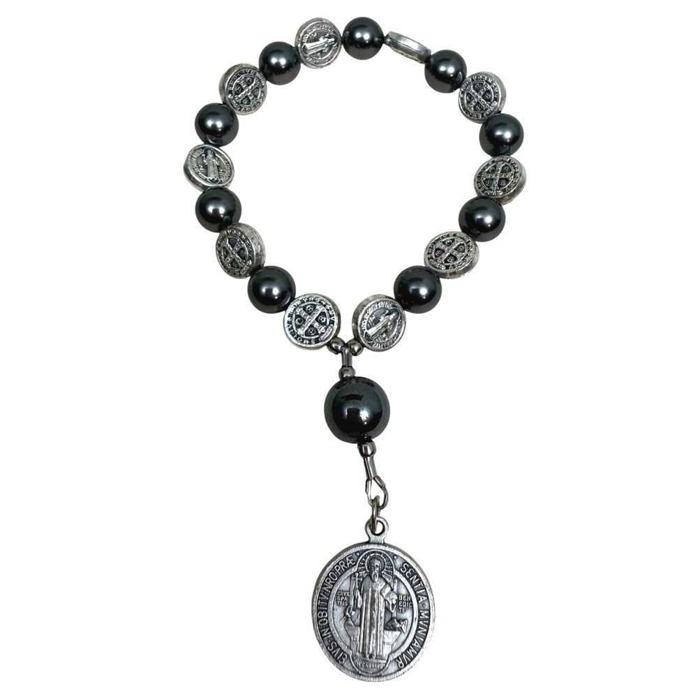 St. Benedict Protection Rosary Bracelet Black Swarovski Glass Crystal Beads 5 in